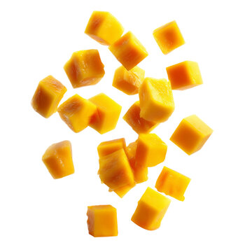 Fresh Mango Fruit Cubes Flying Isolated on White