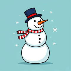 Cartoon snowman with a top hat and striped scarf stands against a blue background with snowflakes.