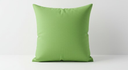 A square, plush, lime green cushion rests on a white surface