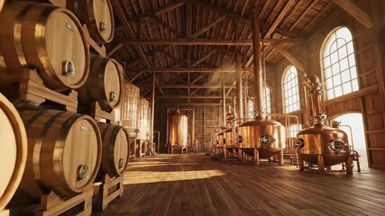 Rustic Distillery Interior with Copper Stills and Wooden Aging Barrels