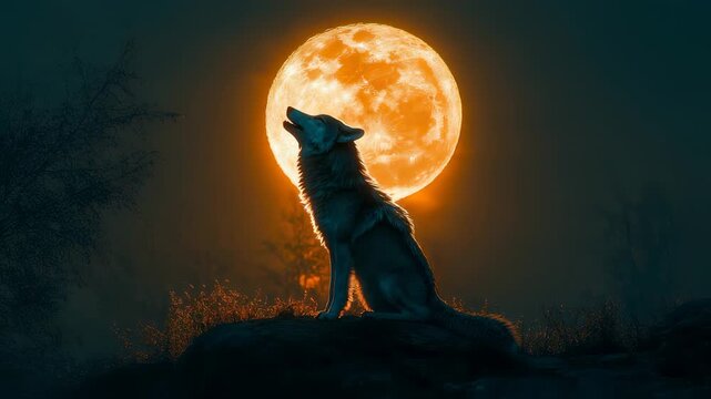 Mystical wolf howling at the full moon, majestic and enchanting wildlife scenery, cinematic