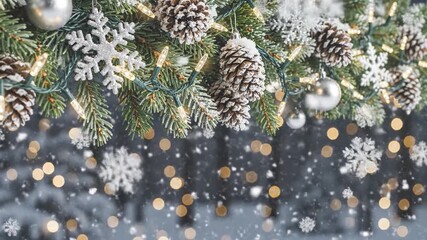 Christmas pine cone snowflake background with silver ball light decoration fir branch creating festive winter holiday atmosphere full of warm holiday spirit and falling snowflakes christmas background - Powered by Adobe