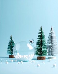 Small winter trees surrounding a clear ornament with faux snow