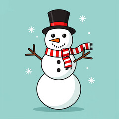 A cheerful snowman wearing a hat and scarf with snowflakes.
