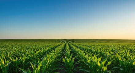 Rows of vibrant green young crops stretch to a horizon under a clear blue sky