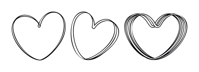 Three simple sketchy hearts drawn with black lines on a white background, perfect for romance or affection related themes and projects.