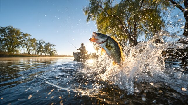 Dynamic Shot of a Largemouth Bass Leaping from Water with a Fisherman in the Background at Sunset.