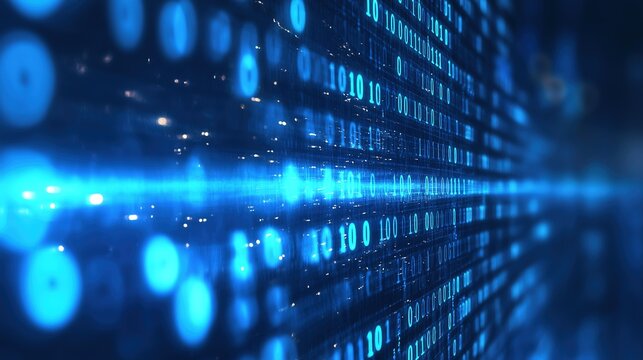 Close-up Digital Art Depiction of Binary Code with Blurred Bokeh Effects and Cool Blue Tones, Symbolizing Programming and Data Visualization