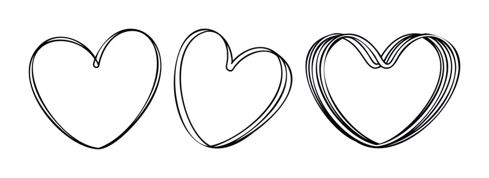 Three simple sketchy hearts drawn with black lines on a white background, perfect for romance or affection related themes and projects. - Powered by Adobe
