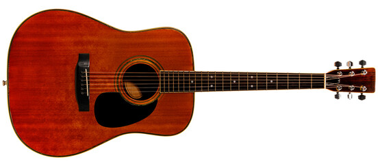 Classic acoustic guitar with a light wooden body isolated on white background, Acoustic guitar on white background With clipping path PNG File.