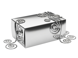 Silver premium packaging featuring melted swirl accents white background