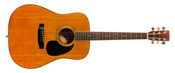 Classic acoustic guitar with a light wooden body isolated on white background, Acoustic guitar on white background With clipping path PNG File.