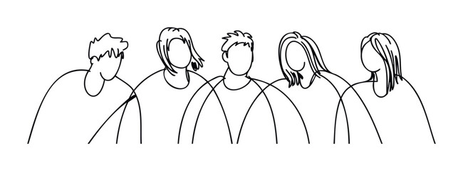 Group of five friends or diverse people in a simple line drawing style conveying unity and connection for social media or teamwork concepts.