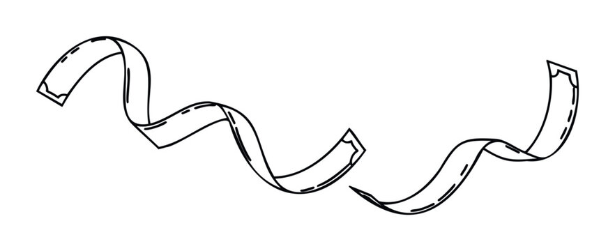 Wavy ribbon in black line art style flowing and unfurling, ideal for festive celebrations, party invitations, or graphic decoration projects.