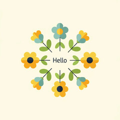 A stylized floral design with a "Hello" message in the center, featuring colorful blossoms.