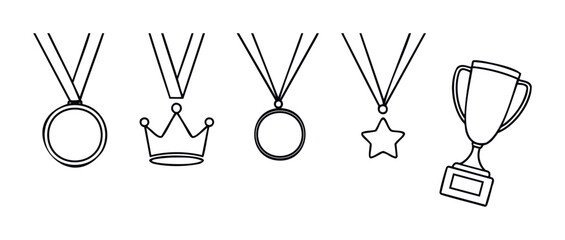 Collection of outline awards including medals, crown, and trophy symbolizing achievement and victory, perfect for celebrating success in various contexts