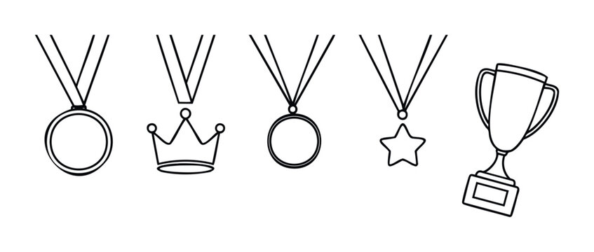 Collection of outline awards including medals, crown, and trophy symbolizing achievement and victory, perfect for celebrating success in various contexts