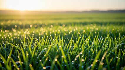 Dewdrops on grass at sunrise