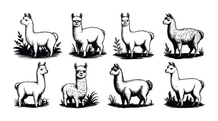 Obraz premium Collection of handdrawn llama portraits in various poses and with surrounding foliage, ideal for greeting cards, apparel, and farm animal themes.