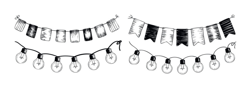 Hand drawn string lights and bunting flags for festive decoration and party celebrations offering a cheerful ambiance for events and occasions