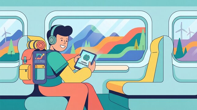 Young man with backpack sits in train car holding tablet with brain icon. Scenic mountain landscape passes by window. Concept of remote education and learning anywhere.