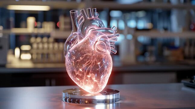 Holographic human heart simulation hovering over lab desk, realistic lighting-no text or logo