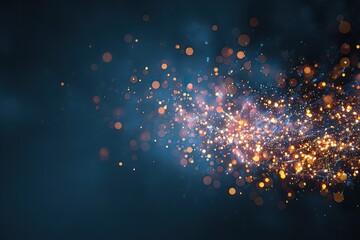 Abstract display featuring blurred sparkling gold and orange orbs amidst a dark blue, smoky backdrop