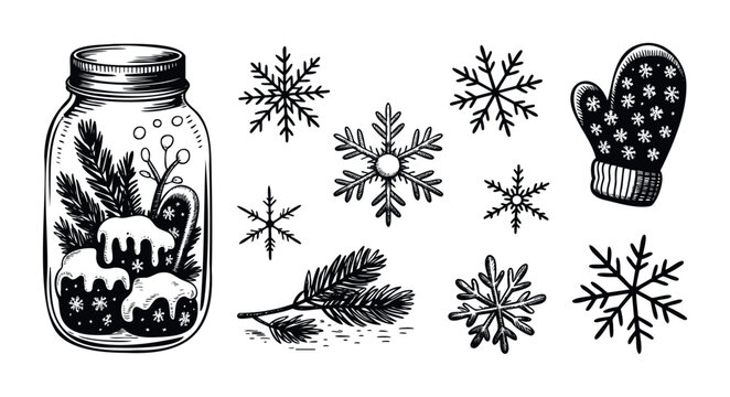 Collection of winter holiday decorations including a mason jar with snowcovered treats and pine branches, snowflakes, and a mitten, perfect for seasonal greeting cards and festive graphic
