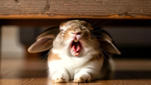 Adorable yawning bunny rabbit resting under a wooden surface, showing teeth and tongue, sleepy