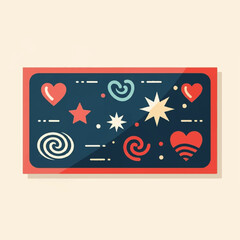 A rectangular design featuring various stylized hearts, stars, and swirls on a dark background.