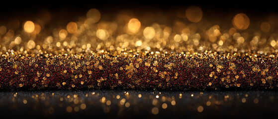 A dazzling display of golden glitter with bokeh lights on a dark background