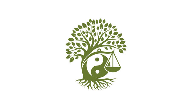 Green tree with yin yang, justice scales symbolizing balance