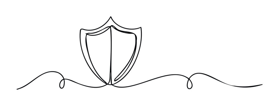 Minimalist single line drawing of a shield with flowing lines below, perfect for security concepts or emblem use.