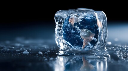 Earth frozen in ice cube global warming concept.