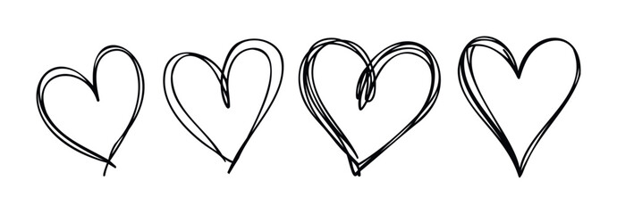 Four hand drawn heart shapes in a row, perfect for expressing love and affection in Valentines Day or wedding related projects and romantic graphic elements.