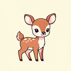 A charming cartoon fawn with large eyes and spotted coat, standing.