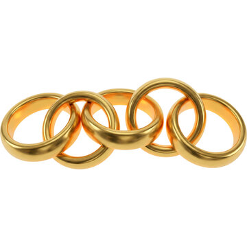 Chain of Five Interlocked Golden Rings Isolated on White