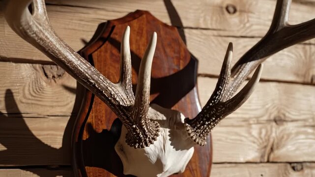 Mounted Deer Antlers Displayed on Wooden Wall
