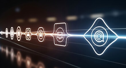 Digital network of communication icons glowing with blue and orange light