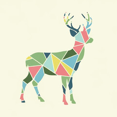 A colorful geometric deer illustration standing against a cream-colored background, showcasing its form.