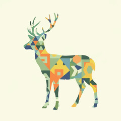 Geometric deer illustration with colorful triangle and square patterns on a light background.