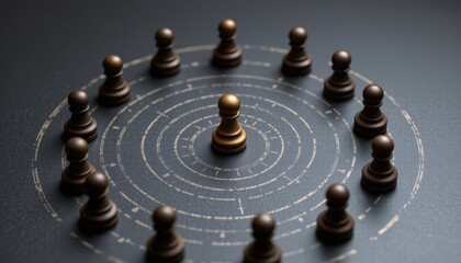 Golden Pawn Surrounded by Brown Pawns in Circular Pattern on Dark Surface for Strategic Game Concepts