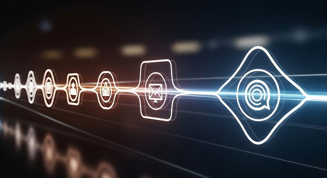 Digital network of communication icons glowing with blue and orange light