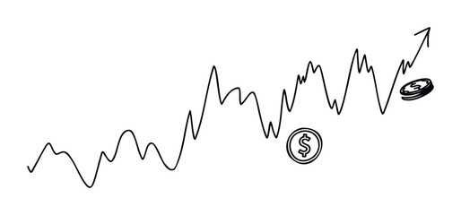 Drawn line graph showing upward financial trend with dollar coins indicating growth and investment success for business and finance themes