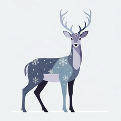 Stylized illustration of a deer with snowflakes on its body, standing against a white background.