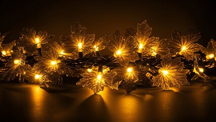 Close-up of Warm Yellow Leaf-shaped String Lights on a Dark Surface