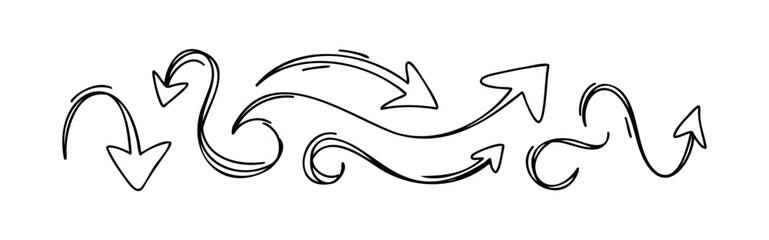Fototapeta premium Collection of hand drawn arrow pointers in various organic shapes and dynamic curves, perfect for highlighting directions or signifying movement in graphic communication projects