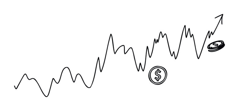 Drawn line graph showing upward financial trend with dollar coins indicating growth and investment success for business and finance themes