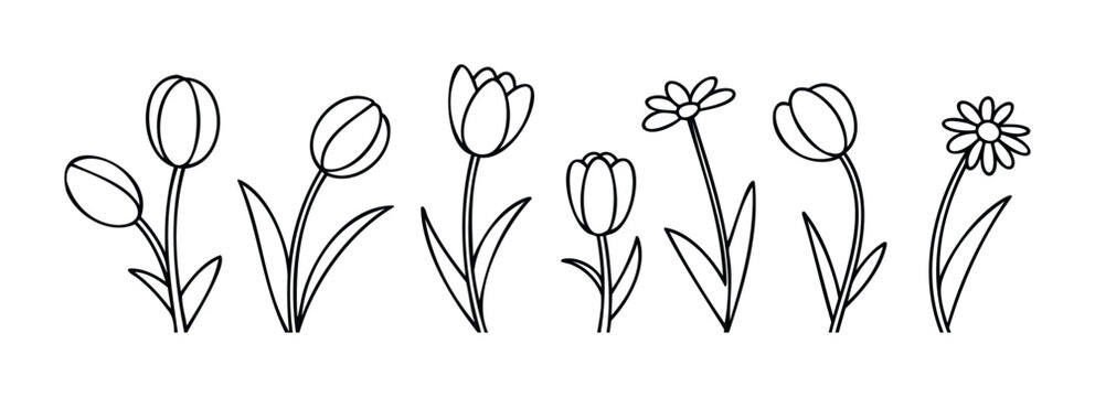 Black outline drawings of various tulips and daisies on a plain background, perfect for spring themed greeting cards or seasonal decor.