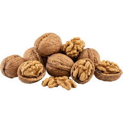 Whole and Shelled Walnuts Pile Isolated on White Background